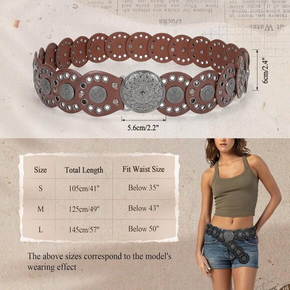 Women Vintage Disc Waist Concho Leather Belt Boho Waist Belt Brown Black Buckle main image 4